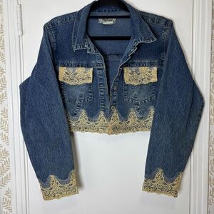 No Fuze Blue Denim Jacket with Gold Lace Trim Women Size 1X